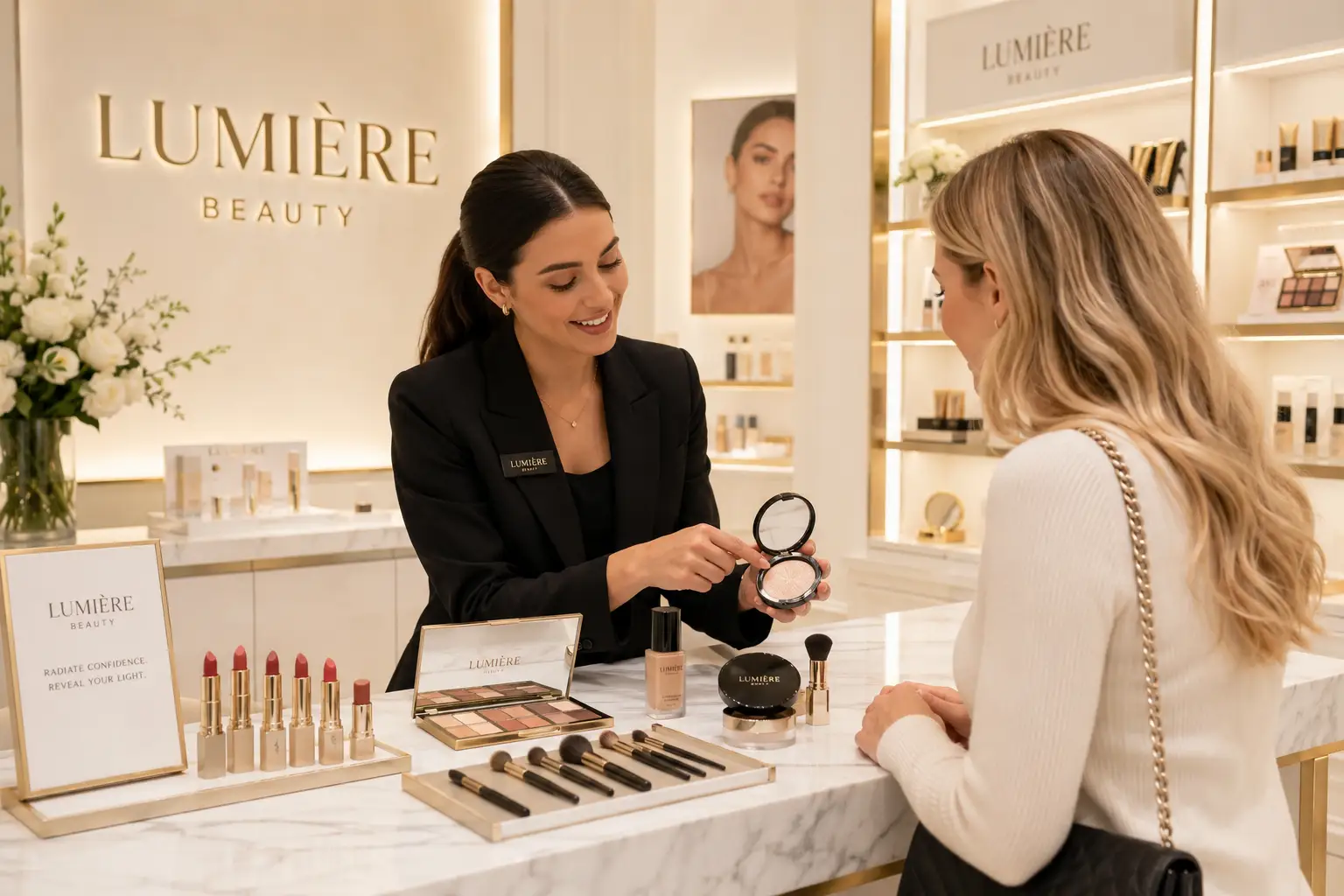 Luxury makeup products arranged on a vanity