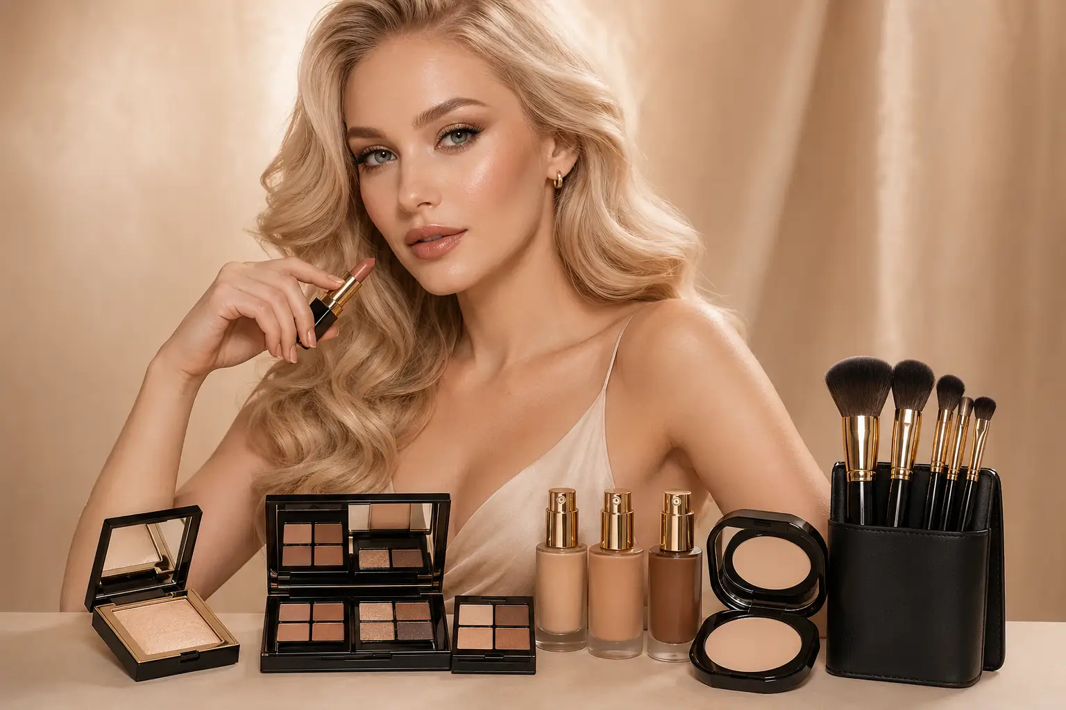 Elegant makeup products arranged for beauty retail